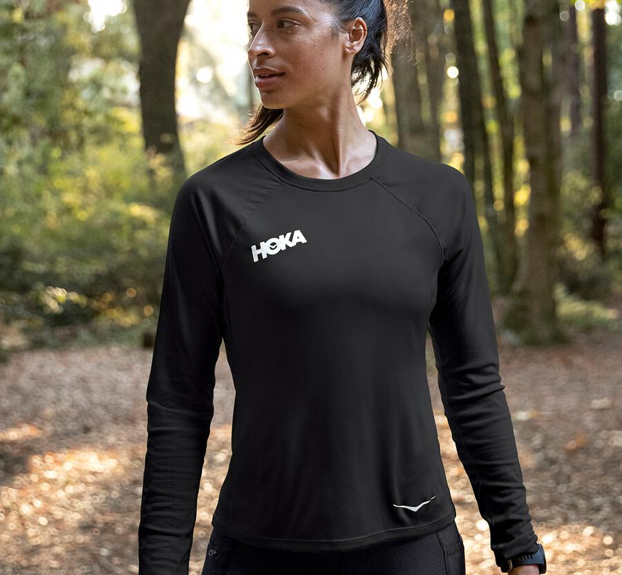 Hoka Australia One One Performance Long Sleeve - Womens Tops Black - ZRYDG-3417